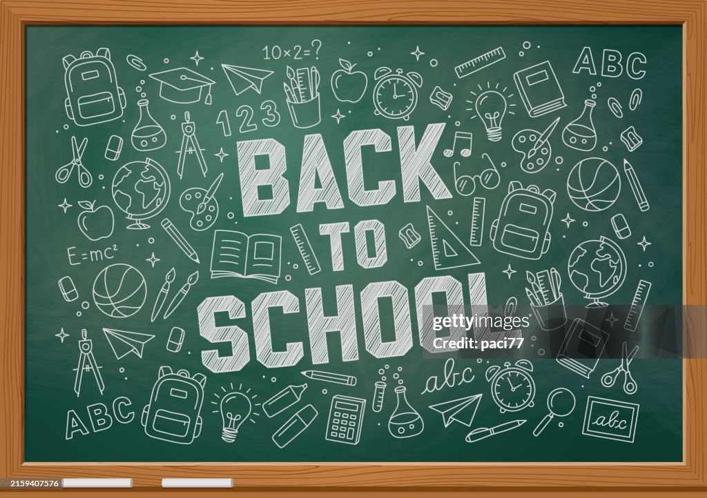Back to school with green chalkboard background and icons of school items drawn on the blackboard with white chalk. Vector illustration