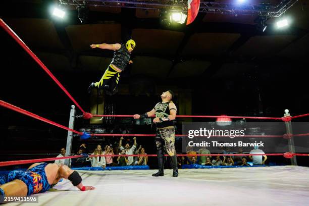 wide shot luchador jumping from top buckle in ring onto opponent - wrestler jumping stock pictures, royalty-free photos & images