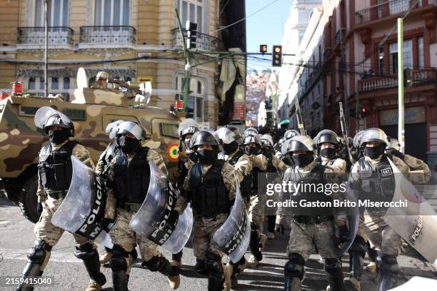 Military police arrive to Plaza Murillo on June 26, 2024 in La Paz, Bolivia. President of Bolivia Luis Arce warned about irregular movements of...
