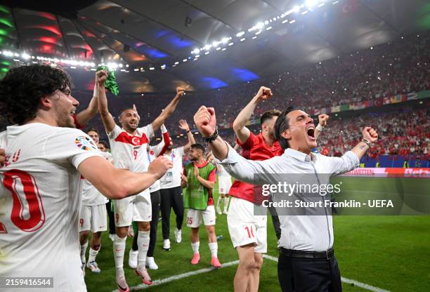 Vincenzo Montella, Head Coach of Turkiye, celebrates with the fans after the team's qualification to the knockout stages following victory in the...
