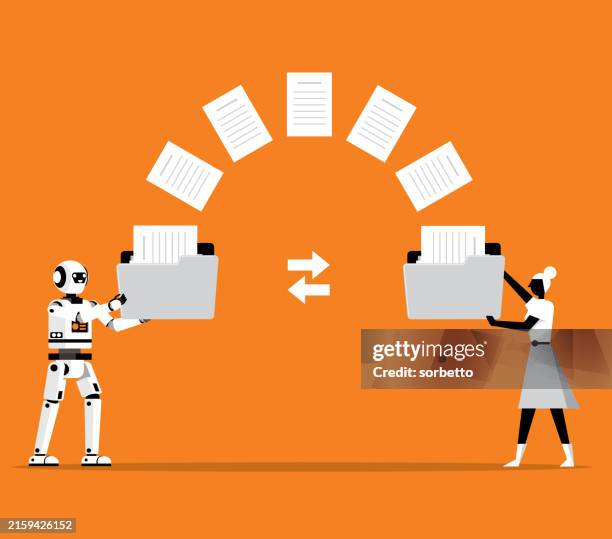 robot - transferred documents - filing folder stock illustrations