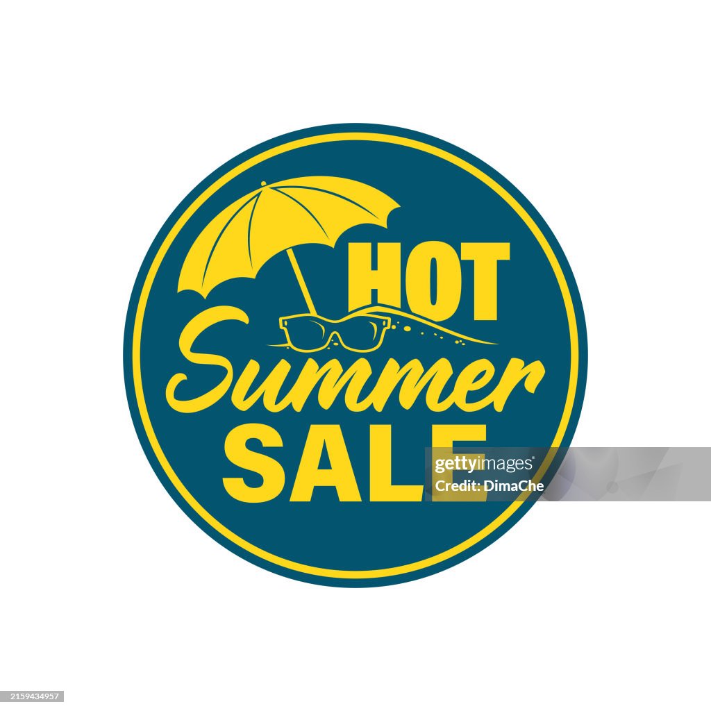 Hot Summer Sale emblem, stamp, imprint, label, sticker with sunglasses, beach umbrella in sand and HOT Summer SALE lettering