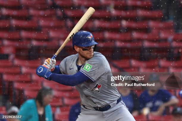 Danny Jansen of the Toronto Blue Jays at bat during the second inning against the Boston Red Sox at Fenway Park on June 26, 2024 in Boston,...