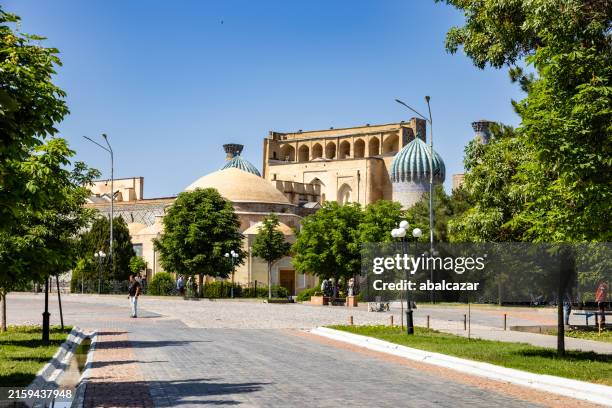 registan square as seen form tashkent street - samarkand stock pictures, royalty-free photos & images