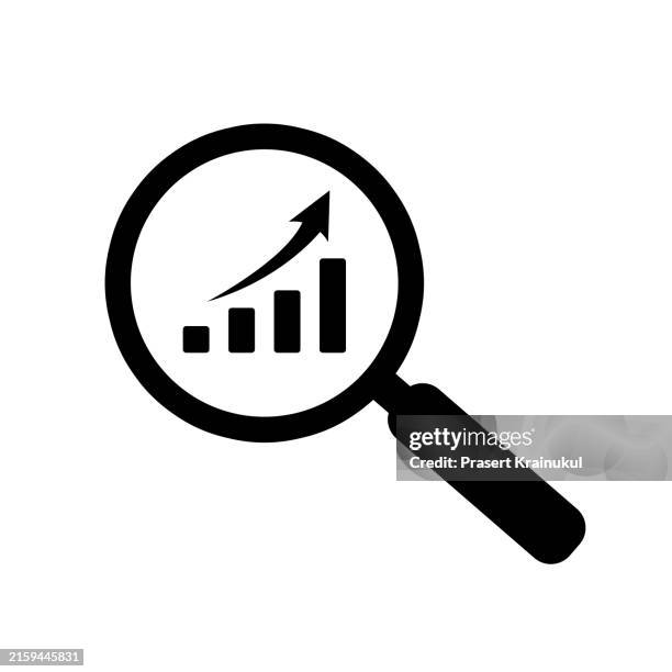 analytic vector icon - magnifying glass with bar chart on white - magnifying glass numbers stock pictures, royalty-free photos & images