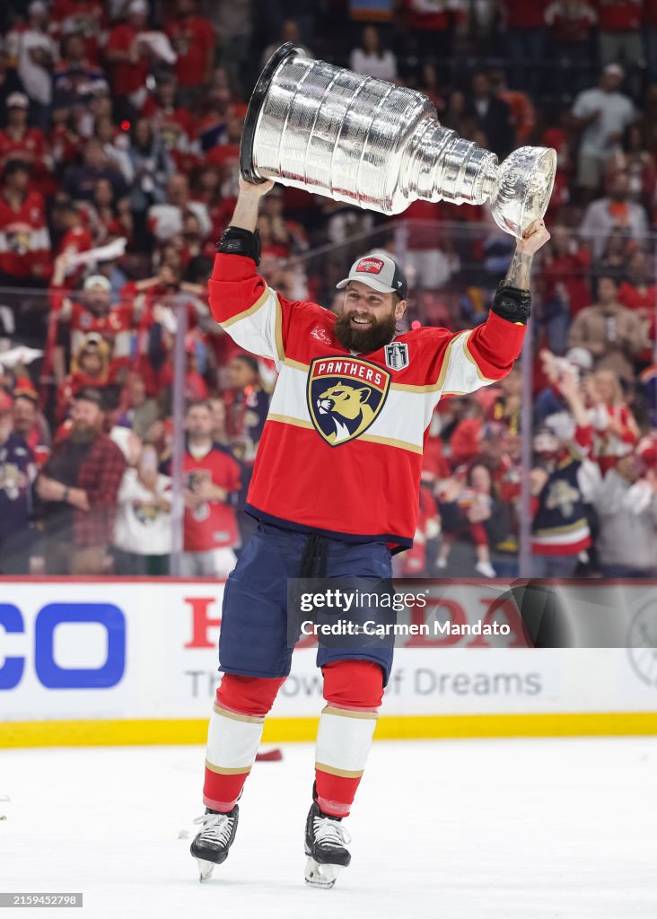 Jonah Gadjovich of the Florida Panthers hoists the Stanley Cup at... News Photo Getty Images