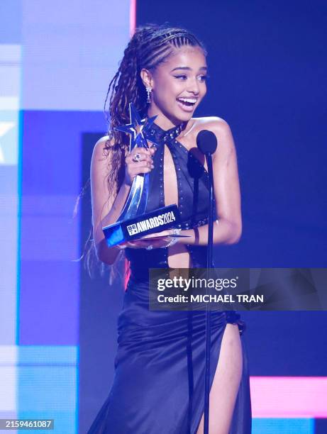 South African singer-songwriter Tyla accepts the Best International Act award on stage during the 2024 BET Awards at the Peacock theatre in Los...