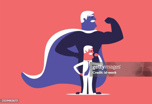 mid adult businessman flexing arm beside super hero - flexing silhouette vector stock illustrations