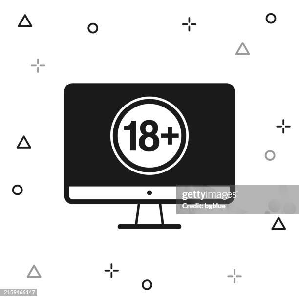 desktop computer with eighteen plus sign (18+). icon on white background - computer desk overhead stock illustrations