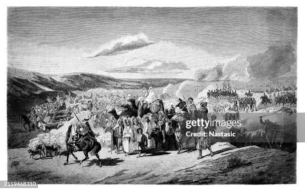 retreat of the duke of aumale in the plain of mitidja after the capture of the smala abd-el-kader, may 1843 - algeria stock illustrations