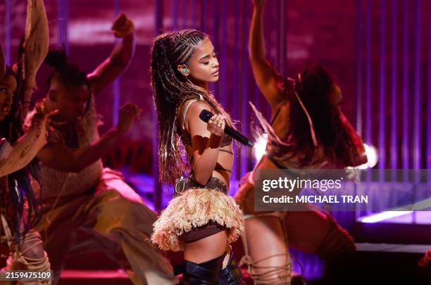 South African singer songwriter Tyla performs on stage during the 2024 BET Awards at the Peacock theatre in Los Angeles, June 30, 2024.