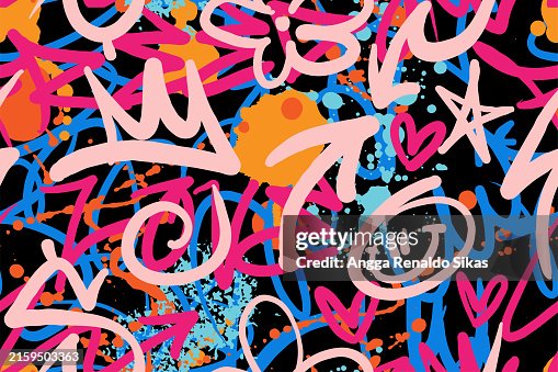 Graffiti art seamless pattern with colorful drips, splatters, hand drawn symbols and scribbles Graffiti art seamless pattern with colorful drips, splatters, hand drawn symbols and scribbles