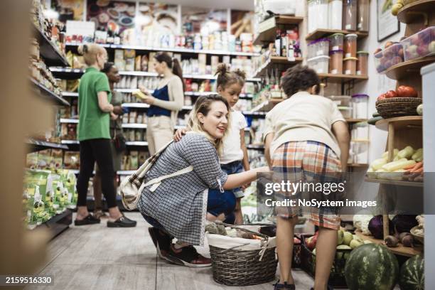family grocery shopping in cozy store - overloaded shopping cart stock pictures, royalty-free photos & images