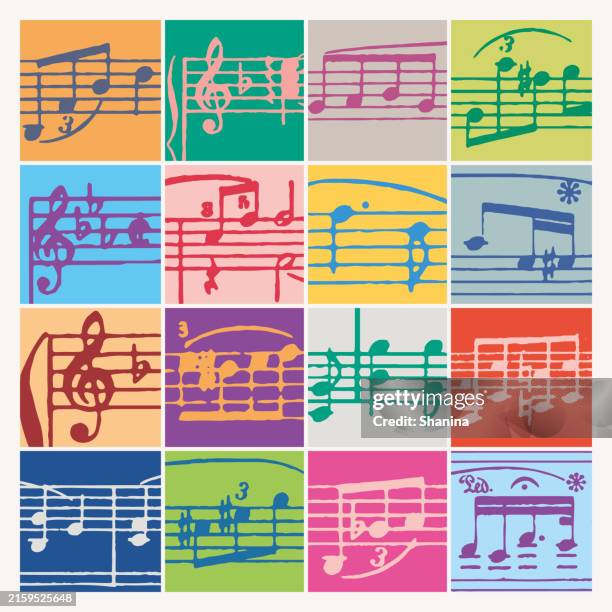 musical notes colorful grid background - poster printing stock illustrations