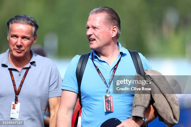 Jos Verstappen and Raymond Vermeulen, Manager of Max Verstappen talk in the Paddock during previews ahead of the F1 Grand Prix of Austria at Red Bull...