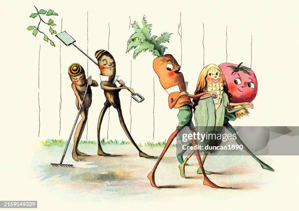 illustrazioni stock, clip art, cartoni animati e icone di tendenza di fiaba, creature magiche, fagiolo, carota, pannocchie, pomodoro, la vendetta degli uomini vege, illustrazione di un libro per bambini, florence k upton, 1890 - fantasy garden