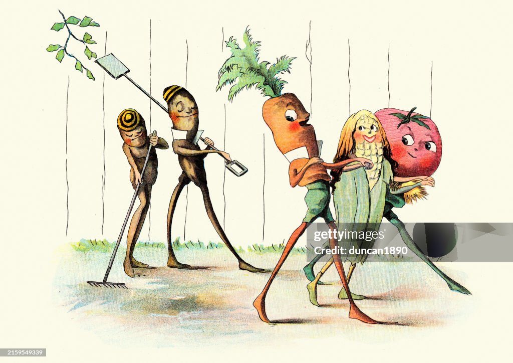 Fairy tale, Magical creatures, Runner bean, Carrot, Corn on cob, Tomato, The Vege-men's revenge, children's book illustration, Florence K Upton, 1890s