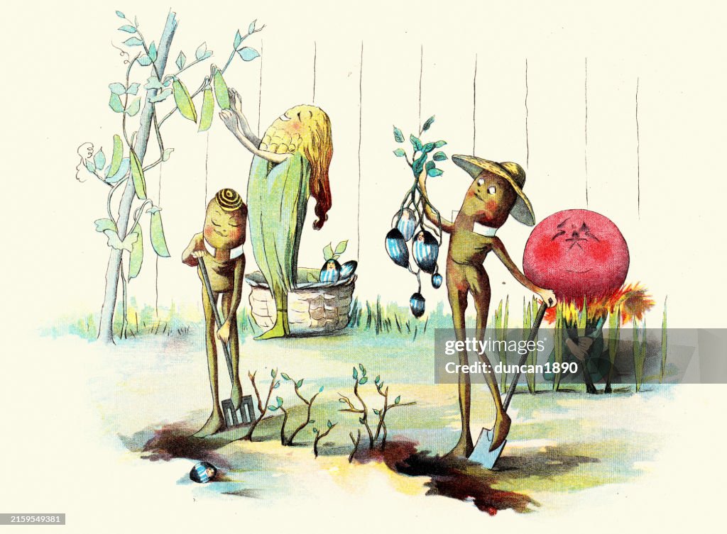 Fairy tale, Magical creatures, vegetable men growing children in a garden, The Vege-men's revenge, children's book illustration, Florence K Upton, 1890s