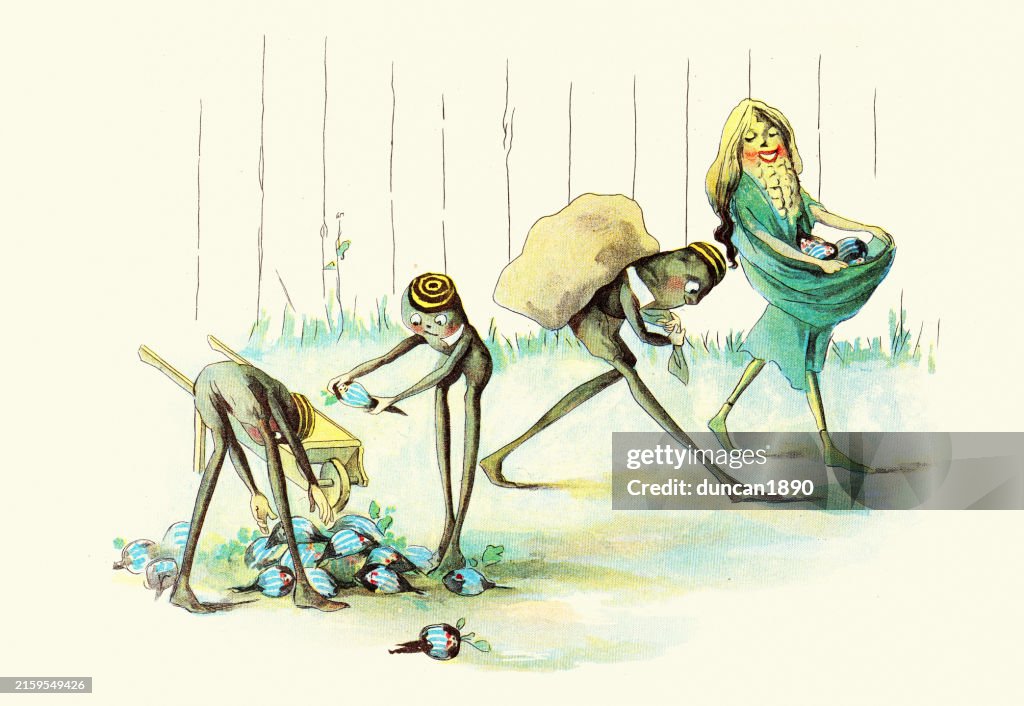 Fairy tale, Magical creatures, vegetable men growing children in a garden, The Vege-men's revenge, children's book illustration, Florence K Upton, 1890s