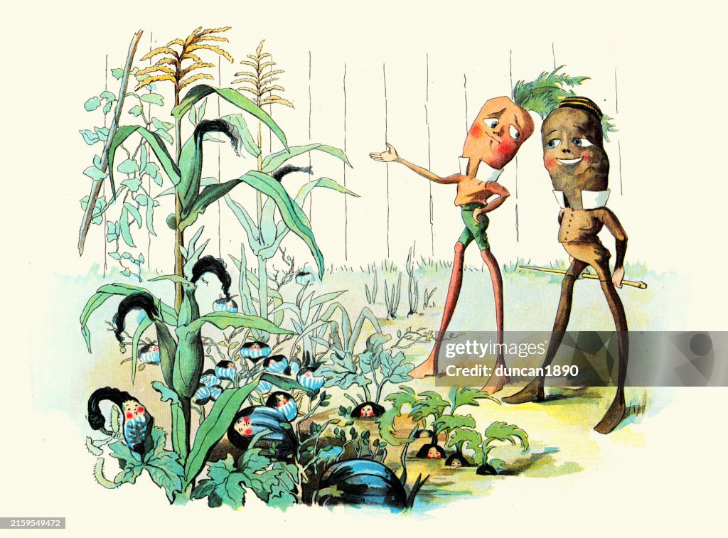 Fairy tale, Magical creatures, vegetable men growing children in a garden, The Vege-men's revenge, children's book illustration, Florence K Upton, 1890s