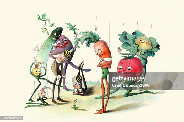 märchen, magische kreaturen, pflanzenmenschen beobachten eine pflanze beim wachsen, die rache der vege-männer, kinderbuchillustration, florence k upton, 1890er jahre - kreuzblütengewächse stock-grafiken, -clipart, -cartoons und -symbole