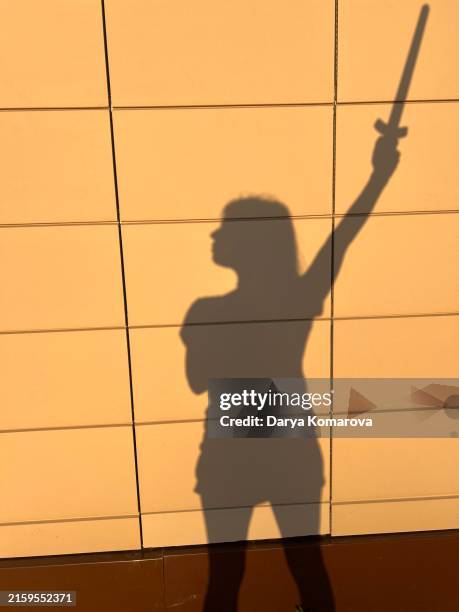 shadow of a woman with a sword. girl power. - samurai sword stock pictures, royalty-free photos & images