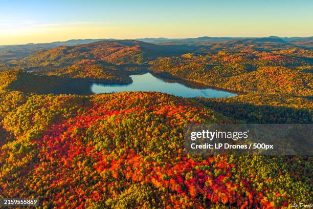scenic view of lake against sky during autumn,quebec,canada - quebec stock pictures, royalty-free photos & images