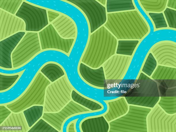 agriculture farm fields aerial view background pattern - river bend land feature stock illustrations