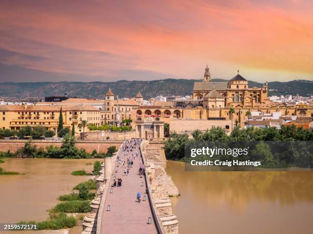 sunset mezquita cathedral and roman bridge, skyline, córdoba, spain - mezquita cordoba fotografías e imágenes de stock