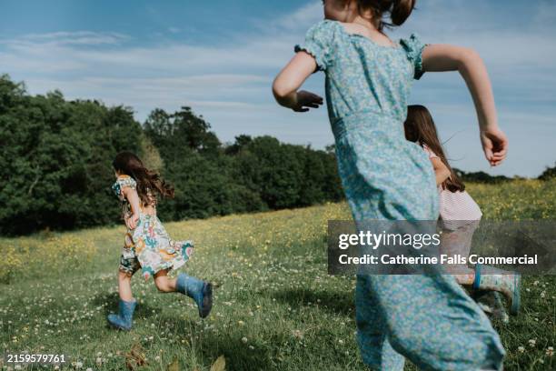 three children running through a vast field in summertime - nature stock pictures, royalty-free photos & images