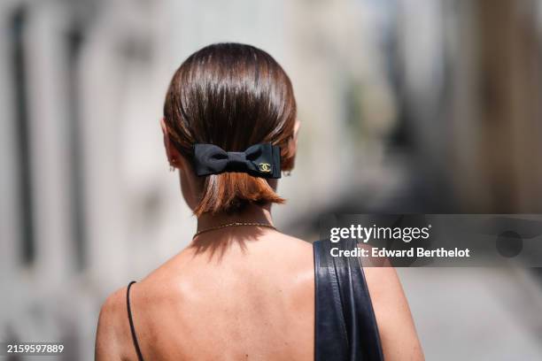 Close-up view of a Chanel bow detail shaped hair brooch, during the Haute Couture Fall/Winter 2024/2025 as part of Paris Fashion Week on June 25,...