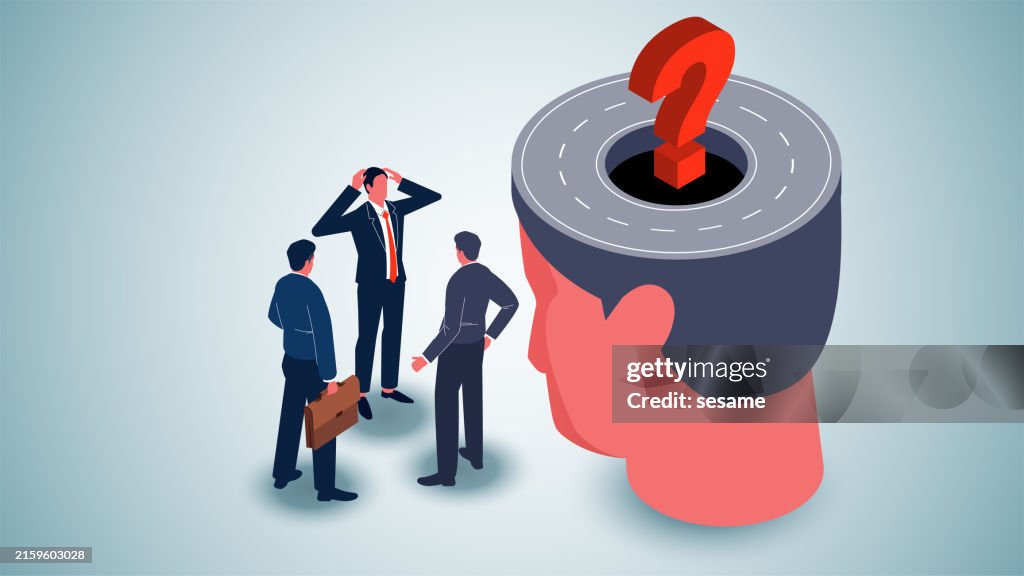 The dead end of the mind, stuck in a rut of thinking, pondering the way out, isometric brain inside an endless roadside group of contemplative and desperate businessmen