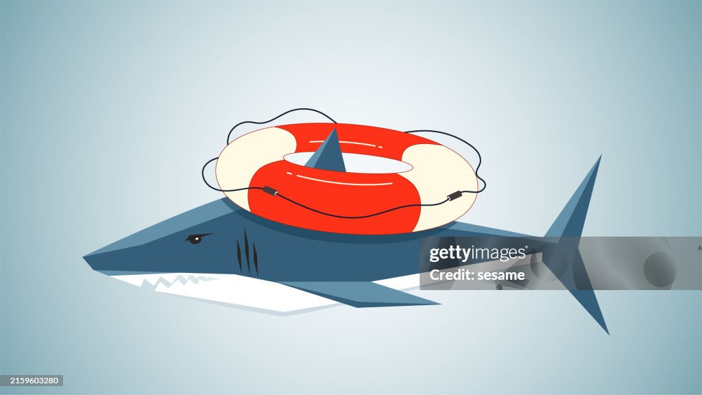 Dangerous Rescue, Rescue Risks and Frauds, Rescue and Scams, Large Shark with Life Ring Hanging from Dorsal Fin in Ocean