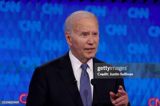President Joe Biden delivers remarks during the CNN Presidential Debate at the CNN Studios on June 27, 2024 in Atlanta, Georgia. President Biden and...