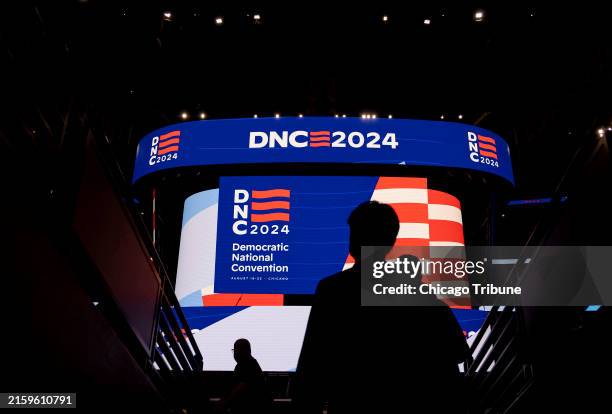 Signage is displayed during a walkthrough of the Democratic National Convention on May 22 at the United Center.