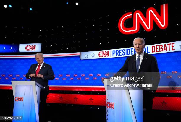 Republican presidential candidate, former U.S. President Donald Trump looks at U.S. President Joe Biden during the CNN Presidential Debate at the CNN...