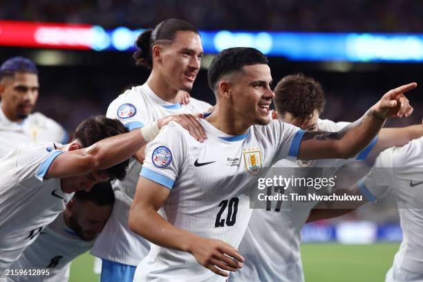 Maximiliano Araujo of Uruguay celebrates after scoring the team's third goal during the CONMEBOL Copa America 2024 Group C match between Uruguay and...