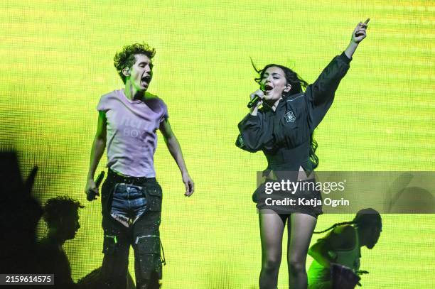Charli XCX joins Troye Sivan on stage during the Something to Give Each Other Tour at OVO Arena Wembley on June 27, 2024 in London, England.