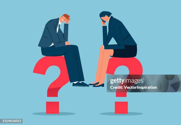 communication problems, marital problems, professional or business problems, businessmen and businesswomen sitting low on the question mark - relationship breakup stock illustrations
