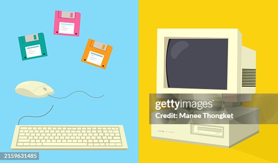Retro Computer Side Reference Vintage Personal Desktop Computer On Blue And Yellow Background Old ...
