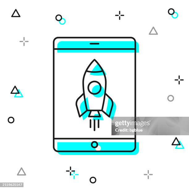 tablet pc with rocket. line icon on white background - missile launch stock illustrations