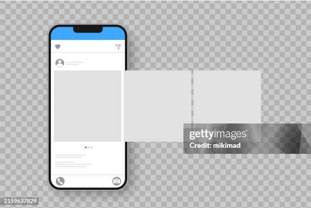 realistic smartphone with carousel interface post on social network. social media design concept. transparent background. vector illustration, eps 10. - instagram post stock illustrations