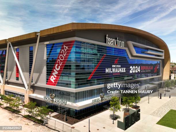 This aerial photo shows Fiserv Forum decorated for the Republican National Convention in Milwaukee, Wisconsin on July 1, 2024. The city of Milwaukee...