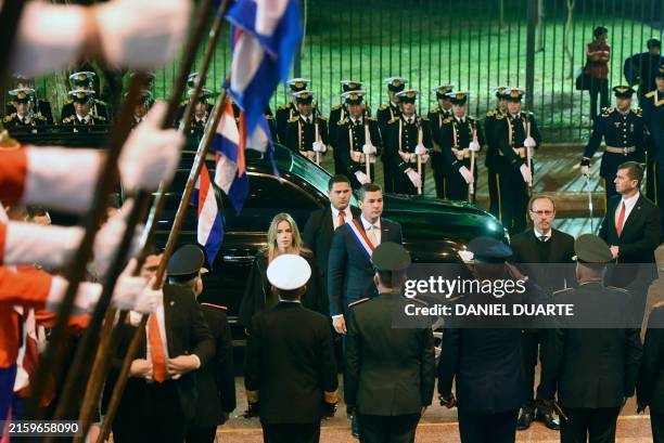 Paraguayan President Santiago Peña arrives accompanied by First Lady Leticia Ocampos to present his annual report to the National Congress in...