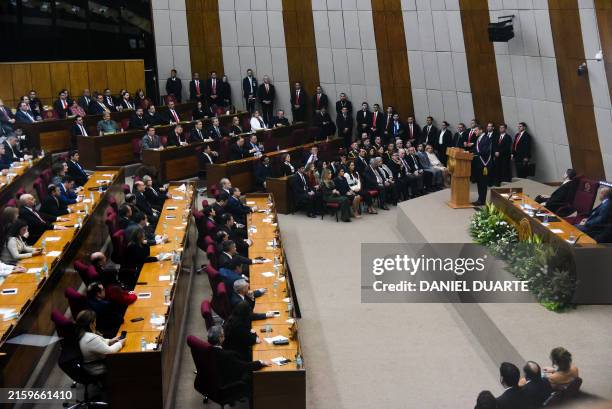 Paraguayan President Santiago Peña delivers his annual report to the National Congress in Asuncion on July 1, 2024.