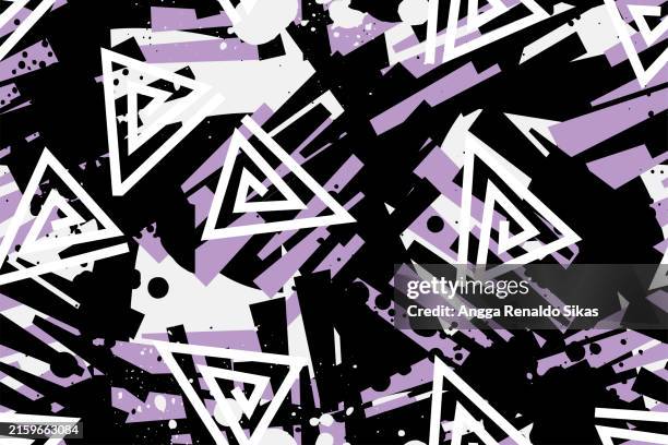 abstraktes geometrisches und grunge-graffiti-nahtloses muster mit pinselspritzern - krümel stock-grafiken, -clipart, -cartoons und -symbole