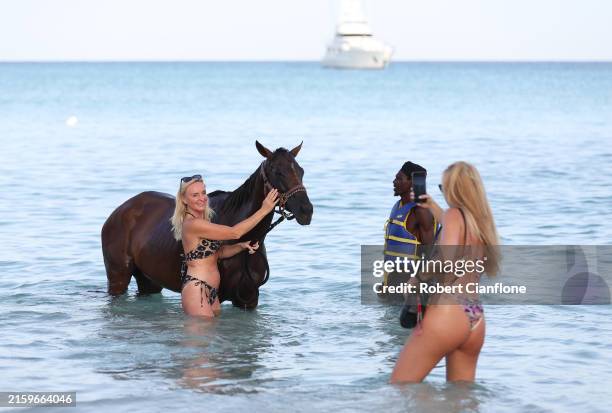 Tourists pose with a horse on June 28, 2024 in Bridgetown, Barbados. The swimming horses of Barbados offer a unique and remarkable experience at...