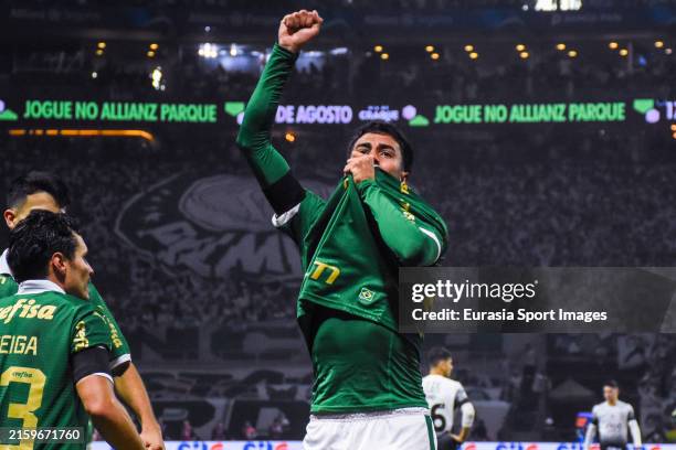 Vitor Reis of Palmeiras celebrates his goal during Campeonato Brasileiro 2024 match between Palmeiras and Corinthians at Allianz Parque on July 1,...