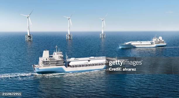 digital erstellte wasserstofftanker und offshore-windkraftanlagen - nautische ausrüstung stock-fotos und bilder