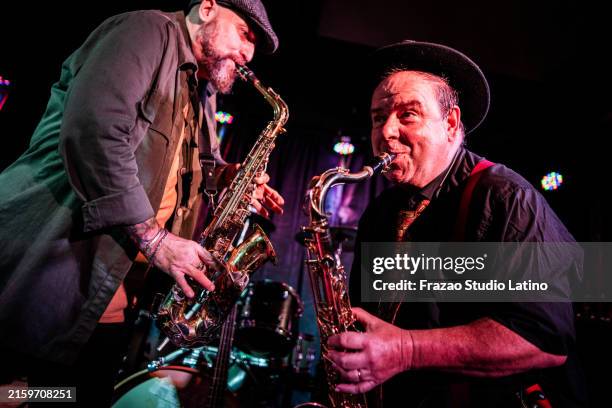 musicians playing saxophone at nightclub - jazz concert stock pictures, royalty-free photos & images